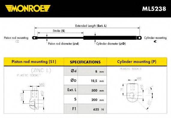 Газова пружина, кришка багажника MONROE ML5238