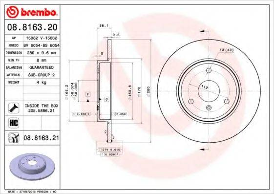 гальмівний диск BREMBO 08.8163.20