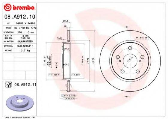 гальмівний диск BREMBO 08.A912.11