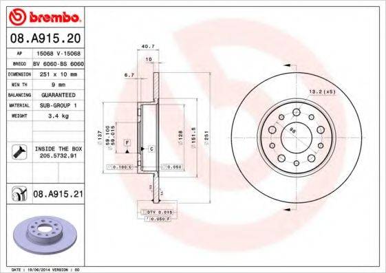 гальмівний диск BREMBO 08.A915.21