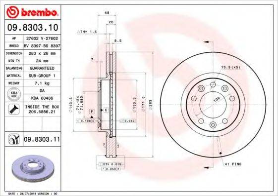 гальмівний диск BREMBO 09.8303.11