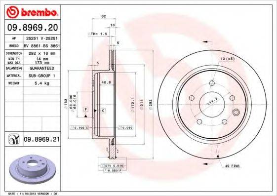 гальмівний диск BREMBO 09.8969.20